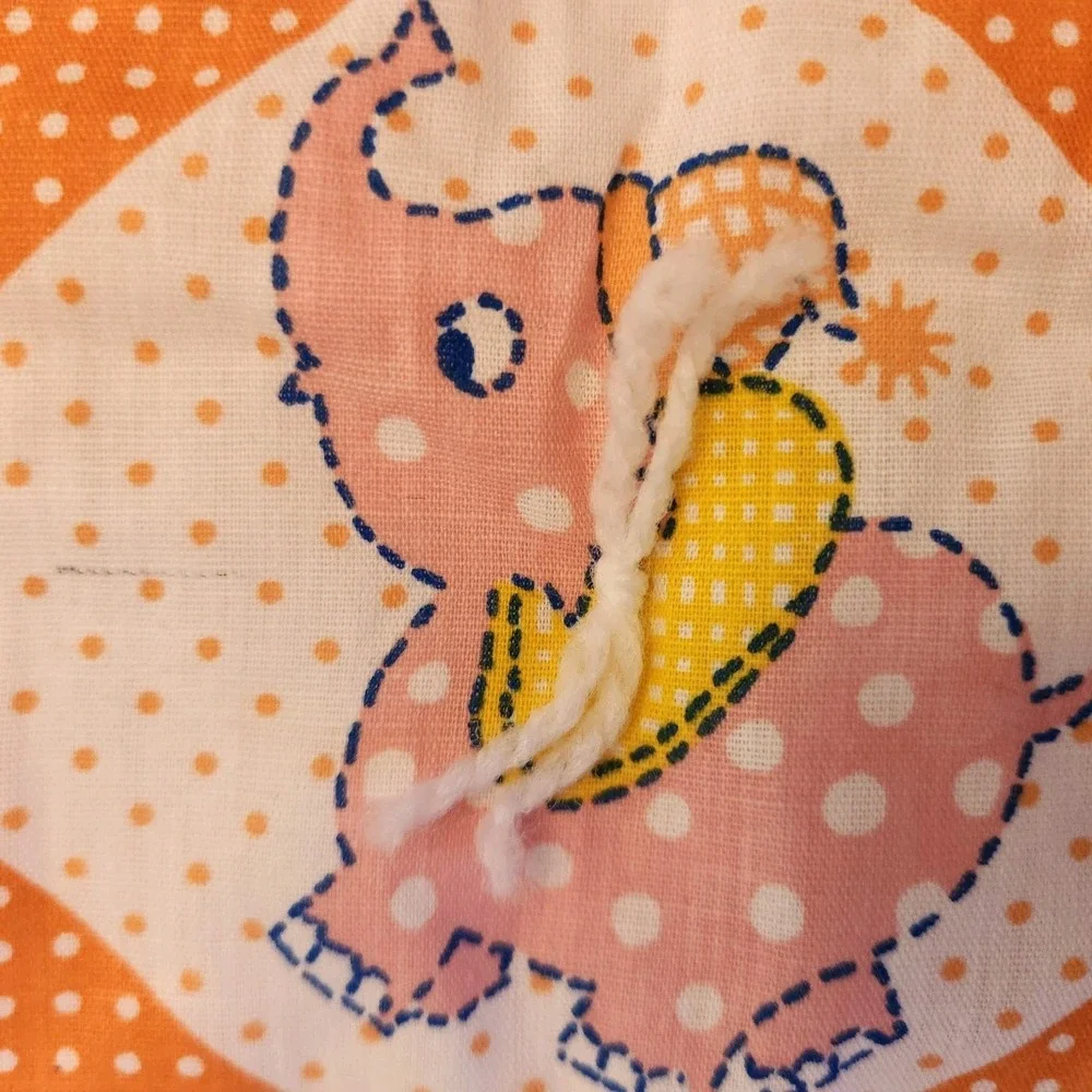 Vtg 70s Handmade Tied Baby Crib Quilt Animals & Polka Dots Orange Mod Nursery